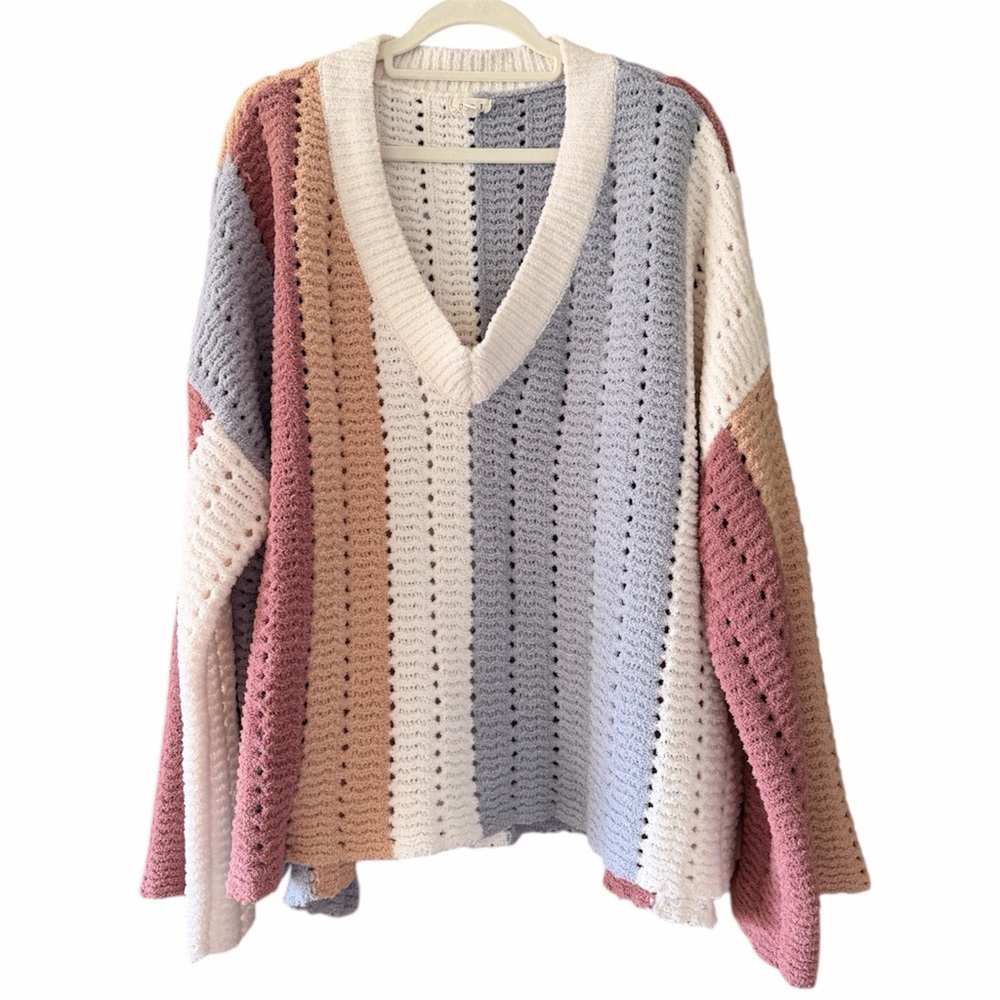 POL Boho Striped Crochet Knit Oversized V-Neck Sweater Multicolor Size Medium